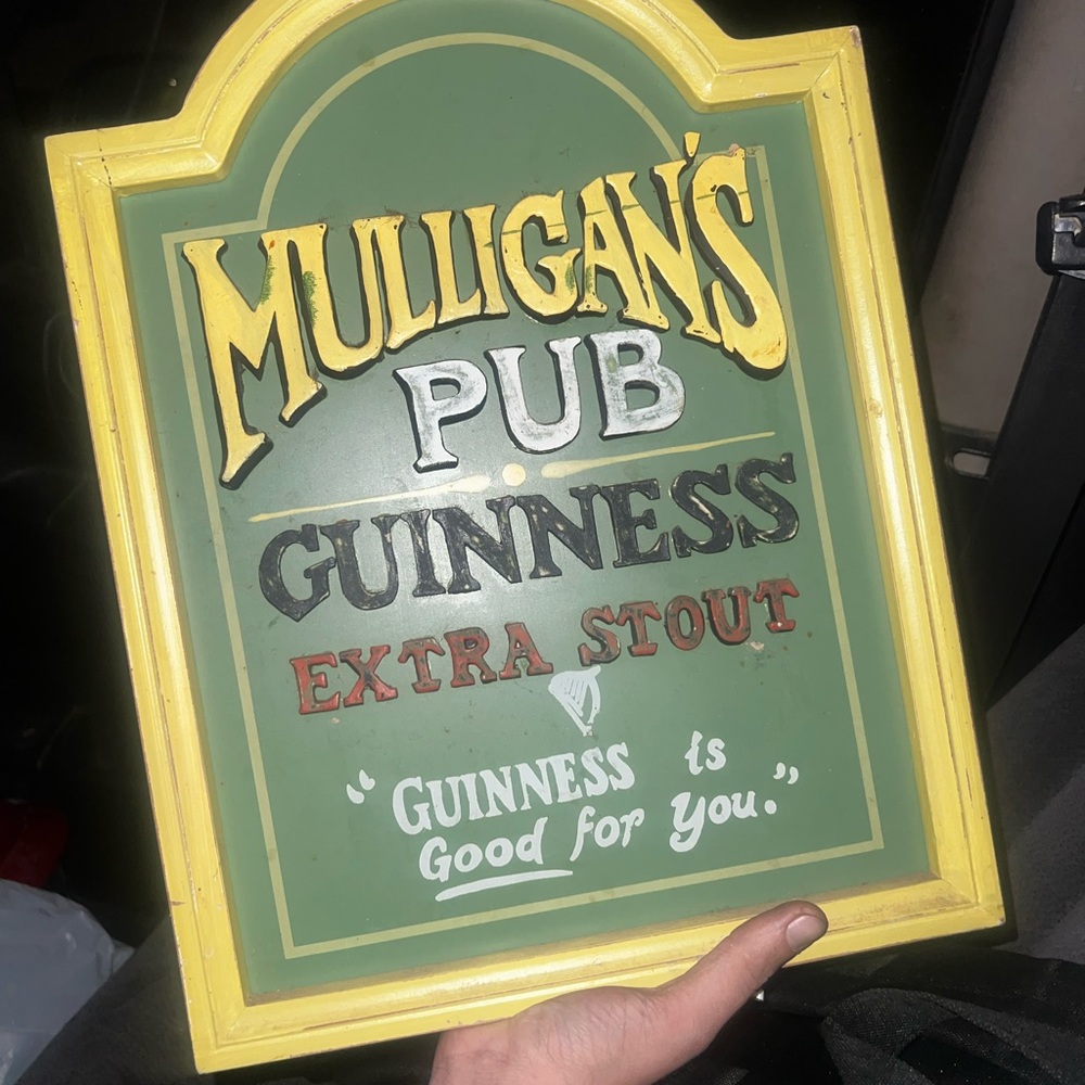 Guinness sign mulligans pub. All wooden sign handmade? Beer &bar sign
